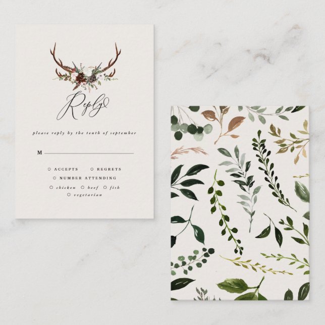 Rustic stag floral burgundy woodland RSVP wedding Note Card (Front/Back)