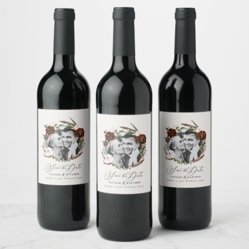 Rustic stag floral farmhouse wedding save the date wine label