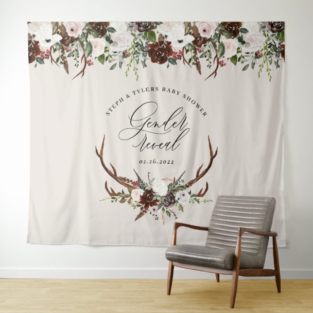 Rustic stag floral gender reveal baby shower tapestry (In Situ (Horizontal))