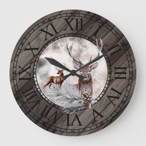 Rustic stag watercolor country wood roman numerals large clock