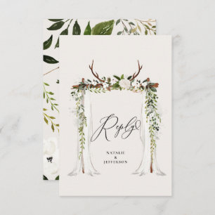 Rustic stag watercolor white floral wedding RSVP card