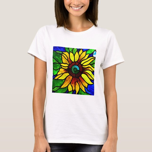 Rustic Stained Glass Look Country Sunflower T-Shirt (Front)