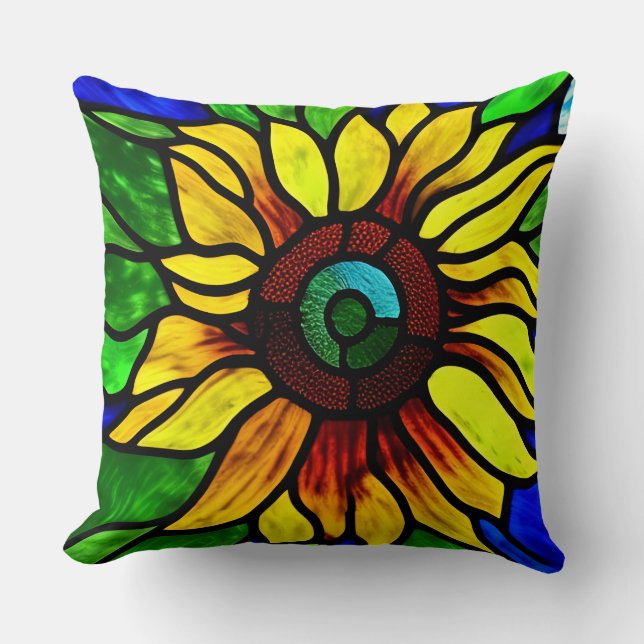 Rustic Stained Glass Look Country Sunflower Throw Pillow (Front)