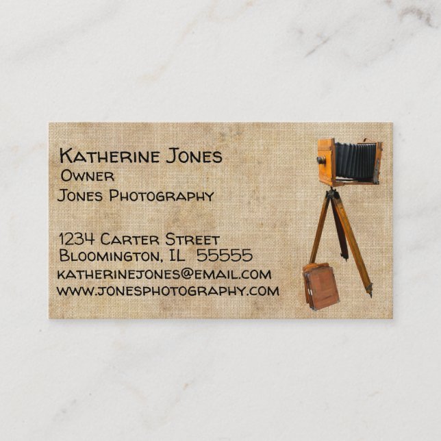 Rustic Stained Linen Antique Camera Photographer Business Card (Front)