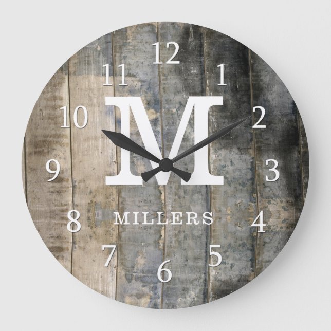 Rustic Stained Pallet Wood Family Name Monogram Large Clock (Front)