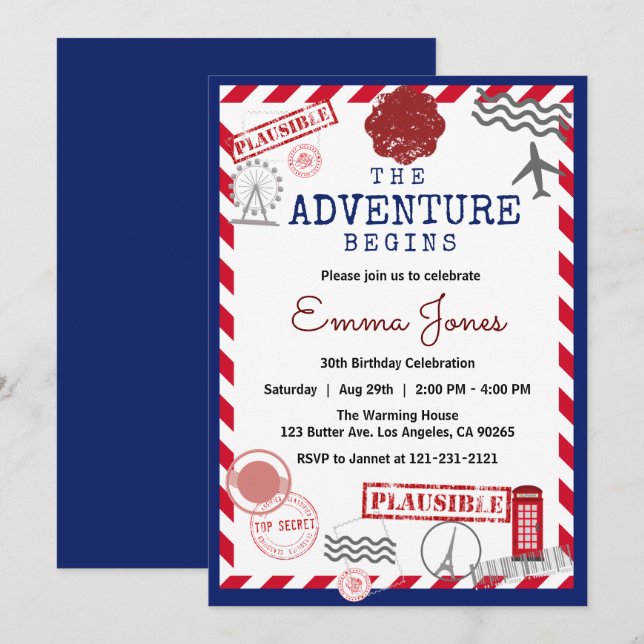 Rustic Stamp Destination Birthday Adventure Begins Invitation (Front/Back)