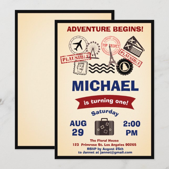 Rustic Stamp Destination Birthday Luggage Travels Invitation (Front/Back)
