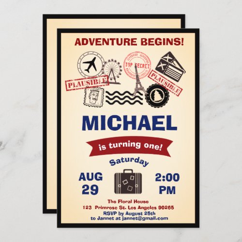 Rustic Stamp Destination Birthday Luggage Travels Invitation