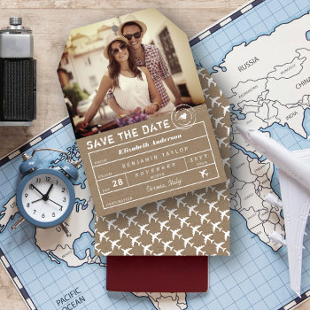 Rustic Stamp Destination Wedding Luggage Tag Photo Save The Date by fatfatin_blue_knot at Zazzle