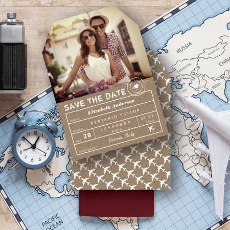 Rustic Stamp Destination Wedding Luggage Tag Photo Save The Date