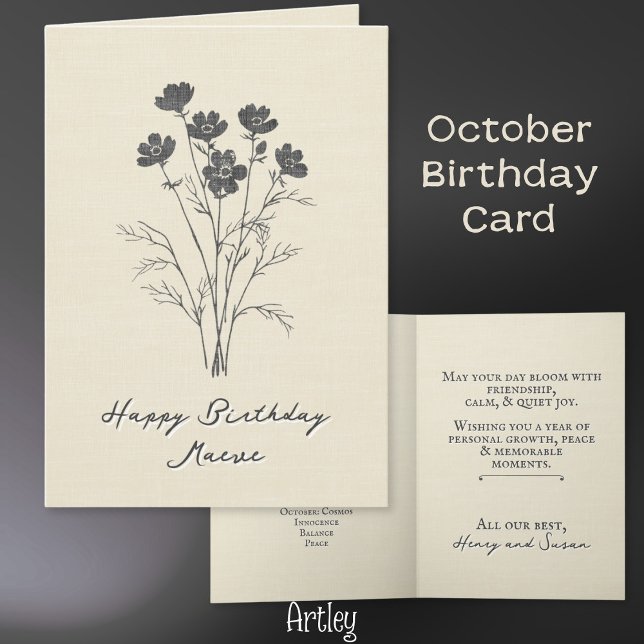 Rustic Stamped Cosmos October Birth Flower Linen Card (Creator Uploaded)