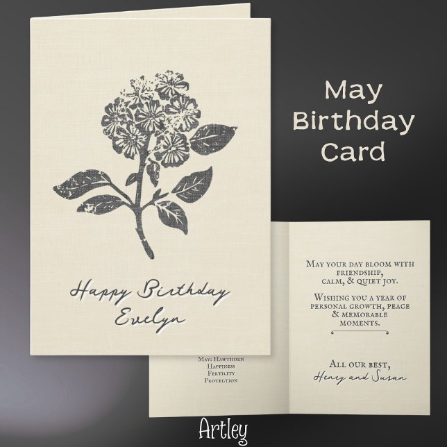Rustic Stamped Hawthorn May Birth Flower Linen Card (Creator Uploaded)