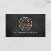 Rustic Stamped Logo on Black Wood Construction Business Card (Front)