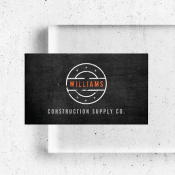 Rustic Stamped Logo On Black Wood Construction Business Card by 1201am at Zazzle
