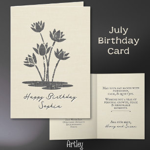 Rustic Stamped Water Lily July Birth Flower Linen Card