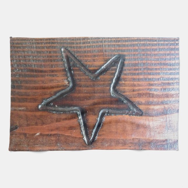 Rustic Star Burned into Wood Table Pyrography Kitchen Towel (Horizontal)
