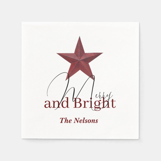 Rustic  star Merry & Bright personalized Napkins (Front)