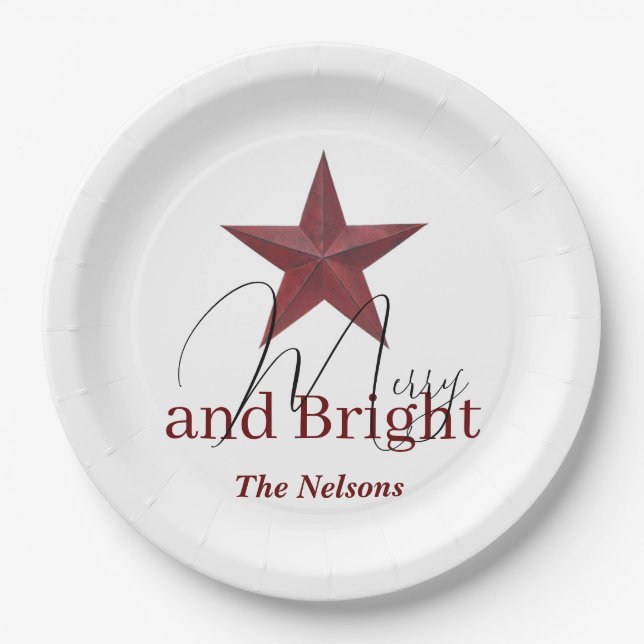 Rustic  star Merry & Bright personalized Paper Plates (Front)