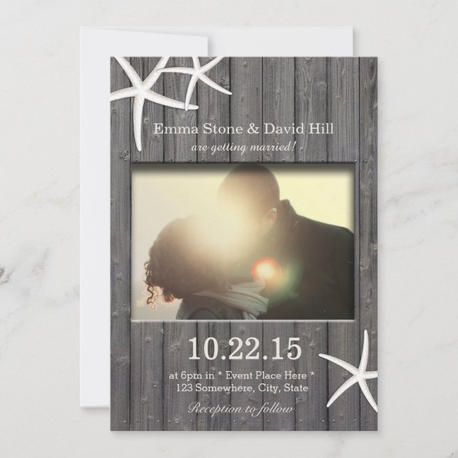 Rustic Starfish & Barn Wood Photo Wedding Invitation (Front)