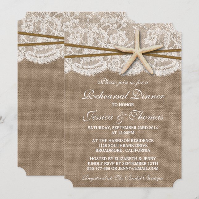 Rustic Starfish Beach Wedding Rehearsal Dinner Invitation (Front/Back)
