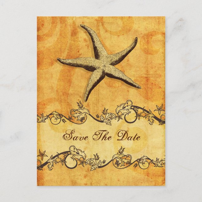 rustic starfish beach wedding save the date announcement postcard (Front)
