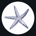 Rustic Starfish Blue Beach Wedding Classic Round Sticker<br><div class="desc">Illustration of blue starfish.</div>