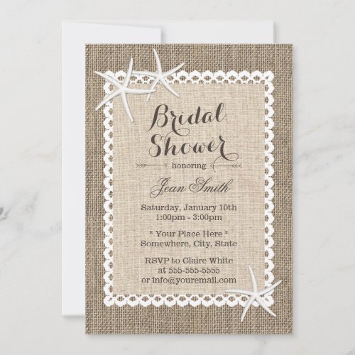 Rustic Starfish Burlap &amp; Lace Bridal Shower 5x7 Paper Invitation Card