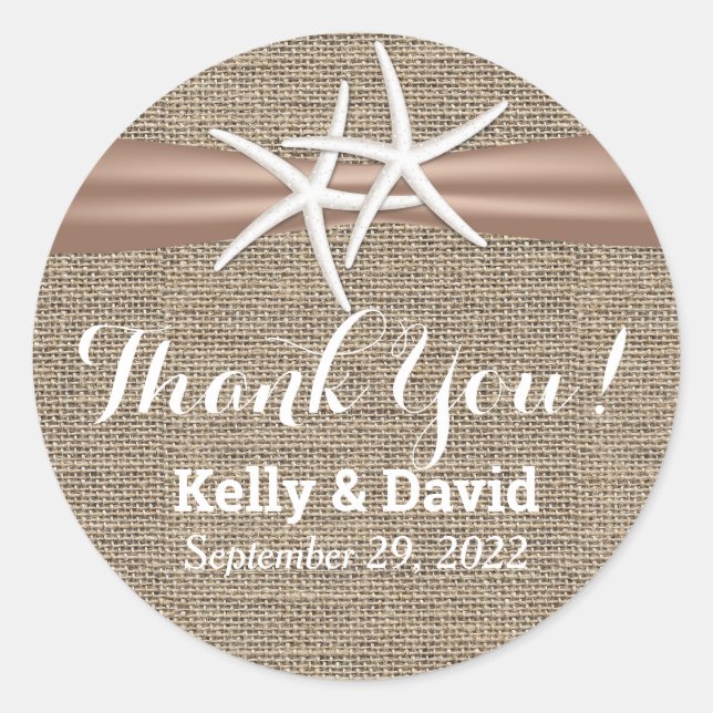 Rustic Starfish & Burlap Wedding Favor Classic Round Sticker (Front)