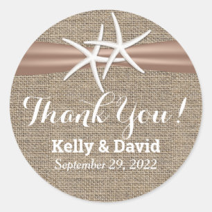 Rustic Starfish & Burlap Wedding Favor Classic Round Sticker