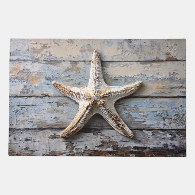 Rustic Starfish on Weathered Wood Doormat (Front)