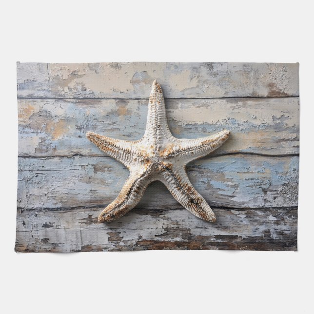 Rustic Starfish on Weathered Wood Kitchen Towel (Horizontal)