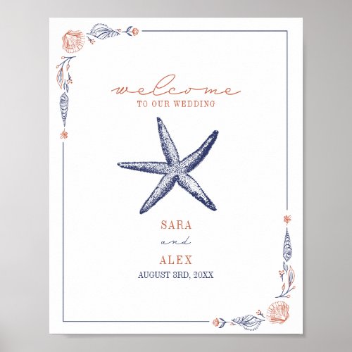 Rustic Starfish Red  Blue Beach Wedding Welcome Poster