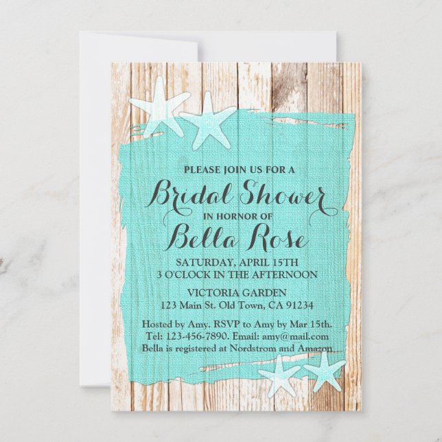 Rustic starfish turquoise bridal shower invitation (Front)
