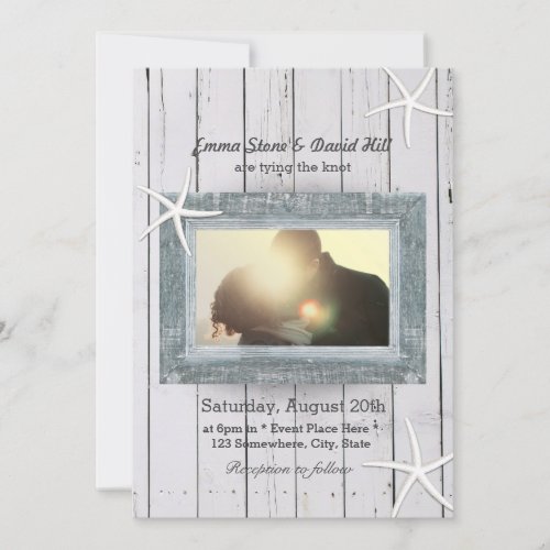 Rustic Starfish  Weathered Wood Photo Wedding Invitation