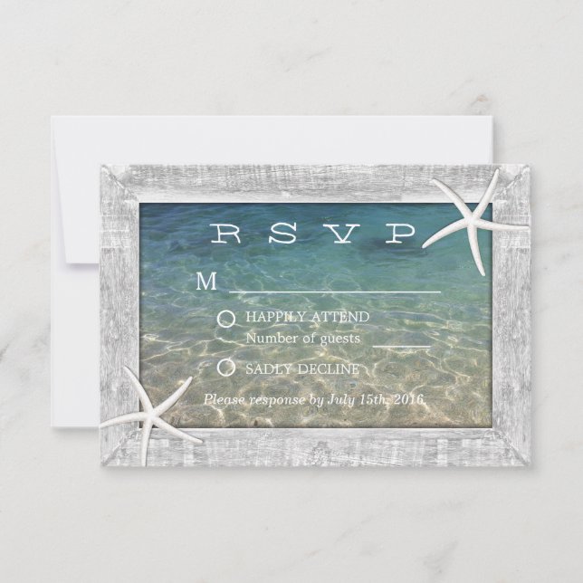 Rustic Starfish Wood Framed Beach Wedding RSVP Card (Front)