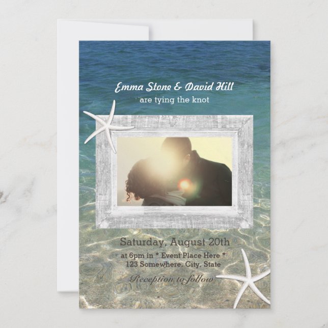 Rustic Starfish Wood Framed Photo Beach Wedding Invitation (Front)