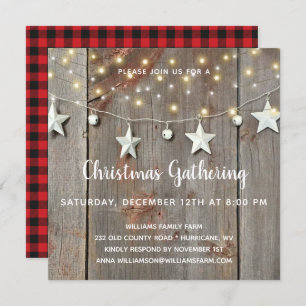 Rustic Stars & Lights on Barnwood Christmas Party Invitation
