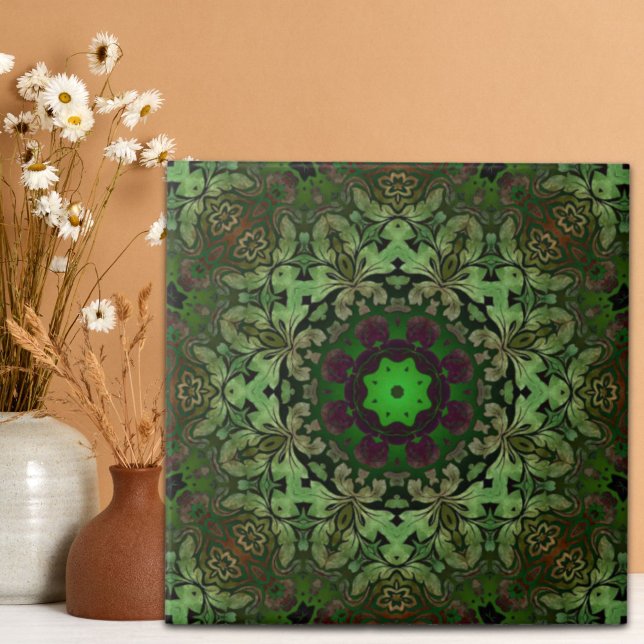 Rustic Steampunk Bohemian forest green mandala Tile (Rustic Steampunk Bohemian forest green mandala Tile)
