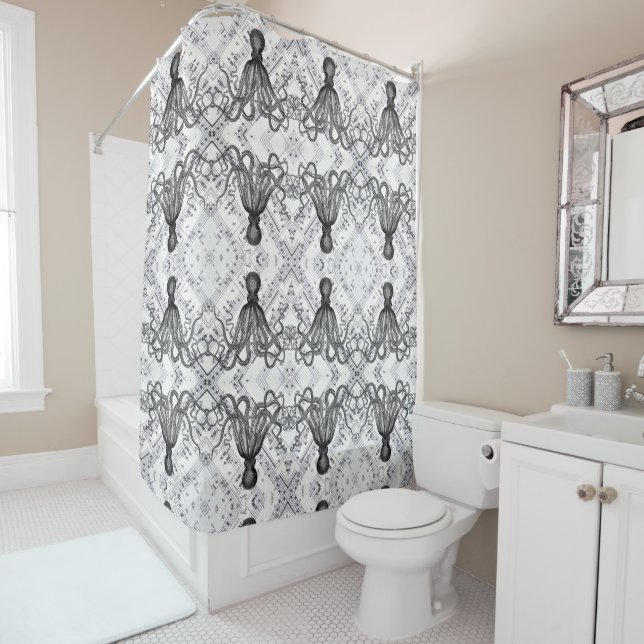 rustic steampunk nautical modern vintage octopus shower curtain (In Situ)