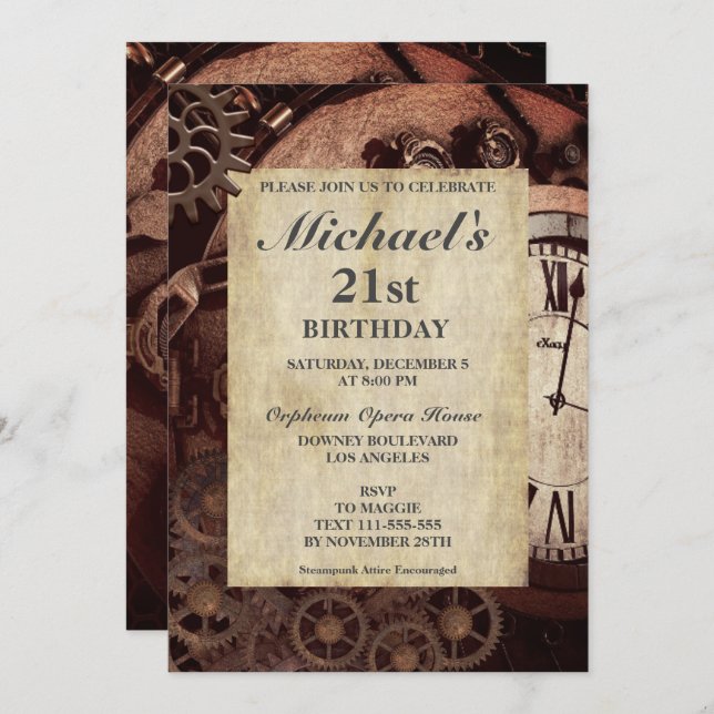 Rustic Steampunk Vintage Birthday Invitation (Front/Back)