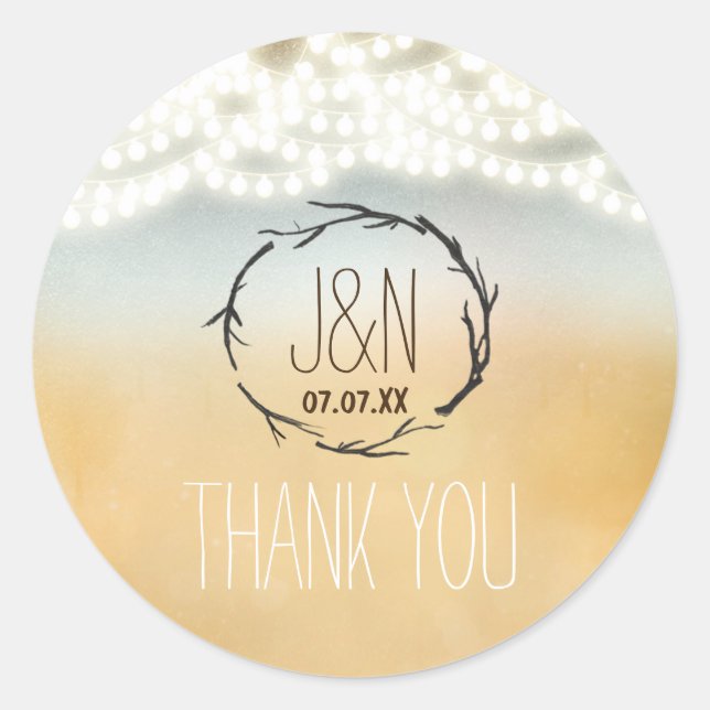 Rustic Sticks Wreath String Lights Wedding Sticker (Front)