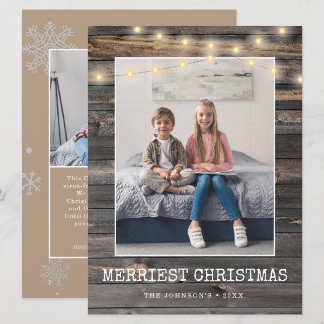 Rustic Sting Lights Merriest Christmas 2 Photos Holiday Card (Front/Back)