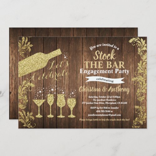 Rustic stock the bar engagement party gold invitation