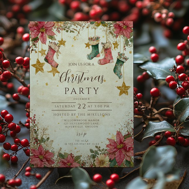 Rustic Stockings and Poinsettias Christmas Invitation (Creator Uploaded)