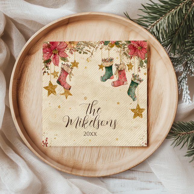 Rustic Stockings and Poinsettias Christmas Party Napkins (Creator Uploaded)