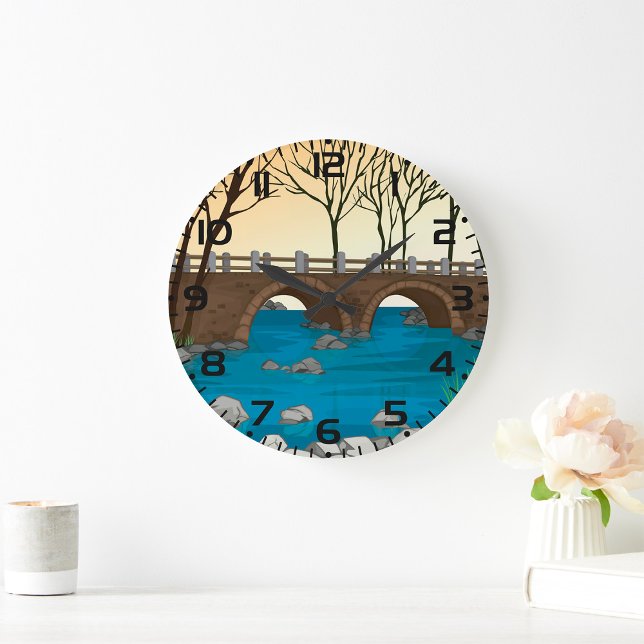 Rustic Stone Bridge Over River Nature Landscape  Large Clock (Creator Uploaded)