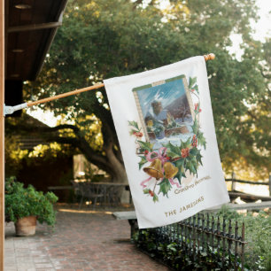 Rustic Stone Church in Winter with Holly House Flag