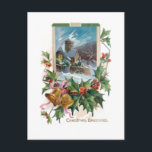 Rustic Stone Church in Winter with Holly Postcard<br><div class="desc">Quaint rustic stone church covered in snow in gold frame embellished with holly & brass bells with Christmas Greetings message. Back features unique custom complementary graphics with editable text fields.</div>