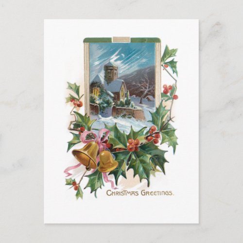 Rustic Stone Church in Winter with Holly Postcard