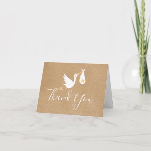 Rustic Stork Baby Gold Star Script Thank You Card